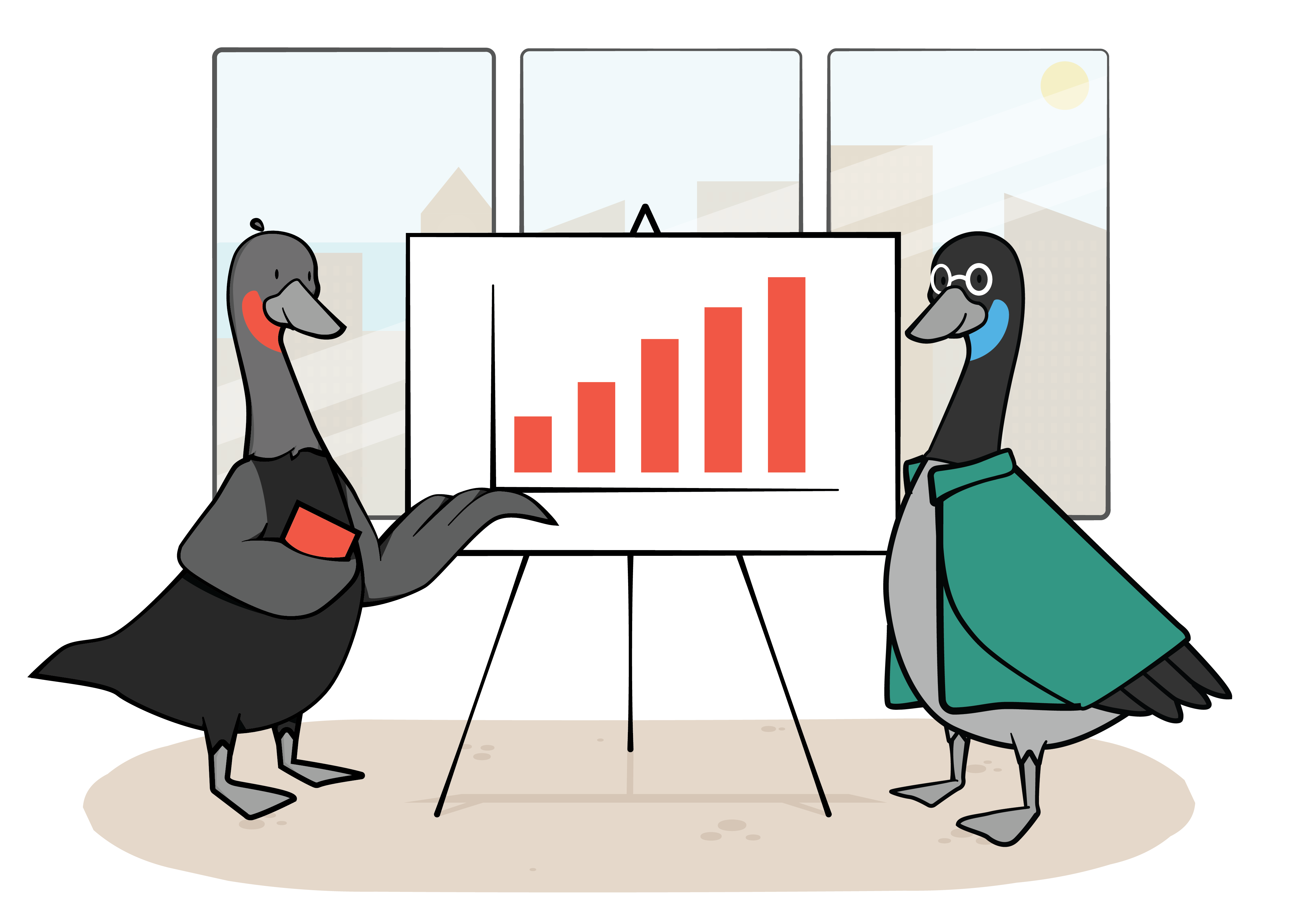 Goose with index card showing goose wearing glasses a bar graph with increasing results